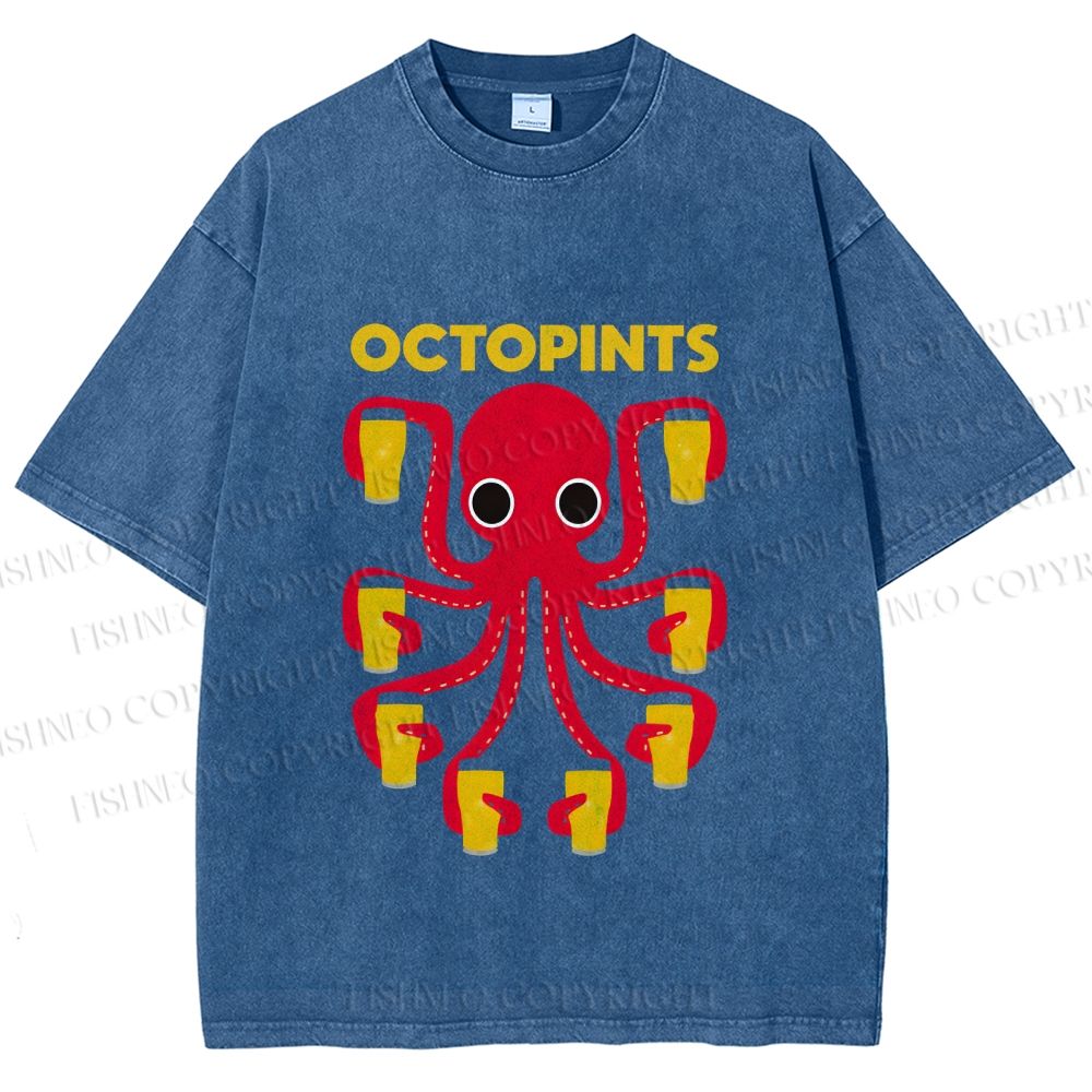 Unisex Octopus Beer Printed Washed Tee