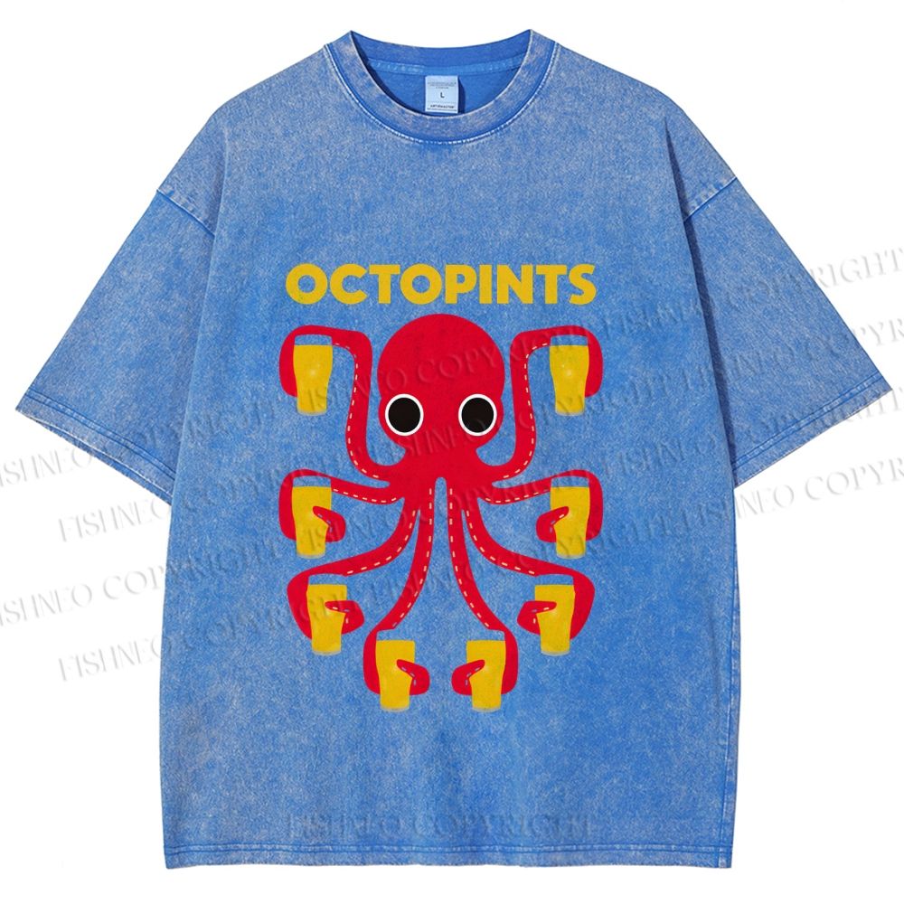 Unisex Octopus Beer Printed Washed Tee