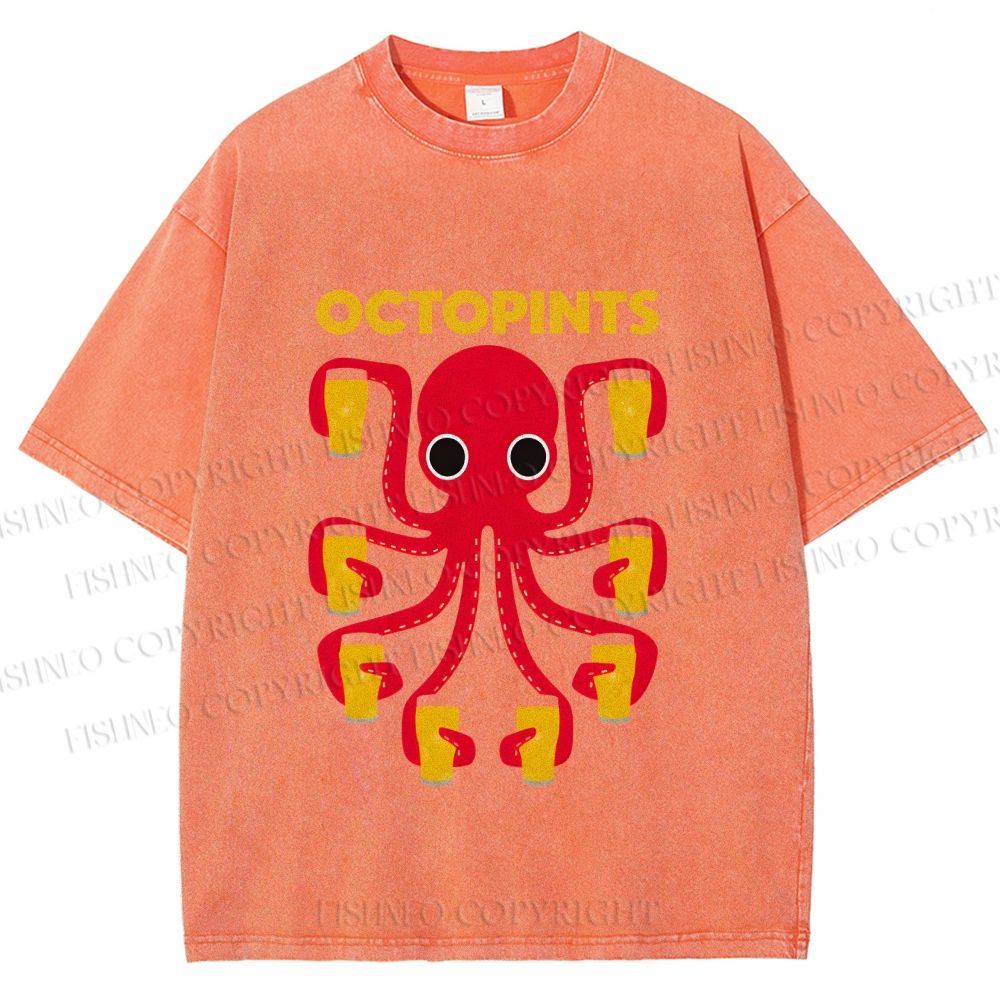 Unisex Octopus Beer Printed Washed Tee