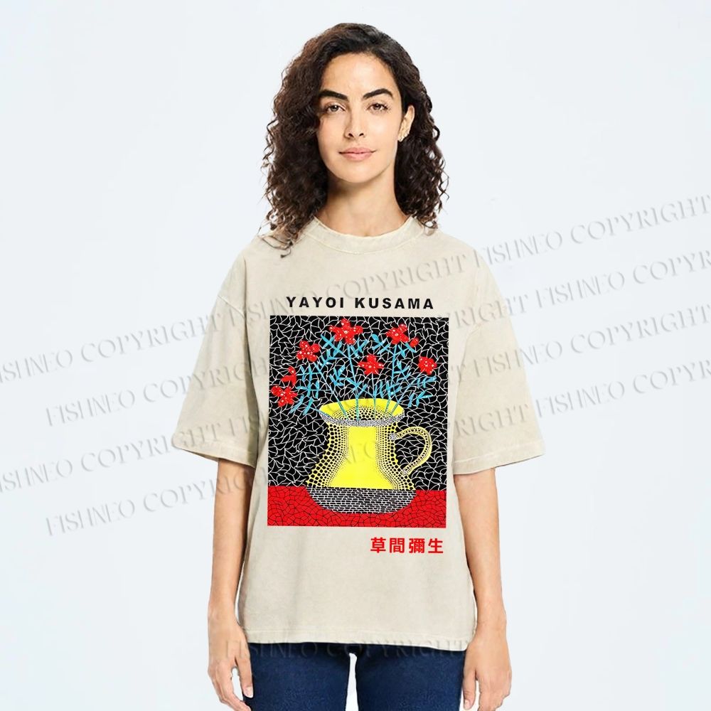 Unisex Yayoi Kusama Flower Printed Washed Tee