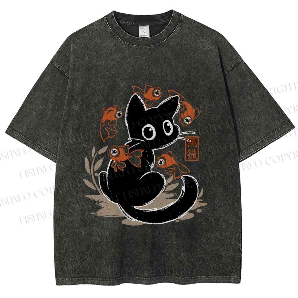 Unisex Curious Black Cat Among Fish Printed Washed Tee