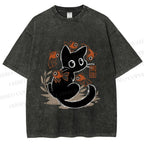 Unisex Curious Black Cat Among Fish Printed Washed Tee