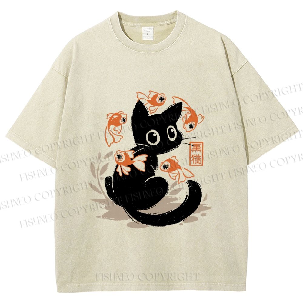 Unisex Curious Black Cat Among Fish Printed Washed Tee