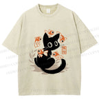 Unisex Curious Black Cat Among Fish Printed Washed Tee