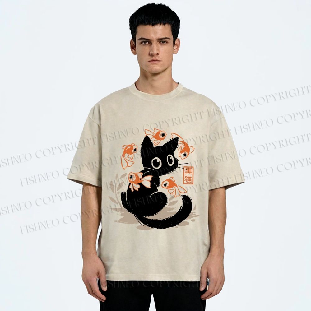 Unisex Curious Black Cat Among Fish Printed Washed Tee