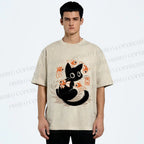 Unisex Curious Black Cat Among Fish Printed Washed Tee