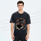 Unisex Curious Black Cat Among Fish Printed Washed Tee