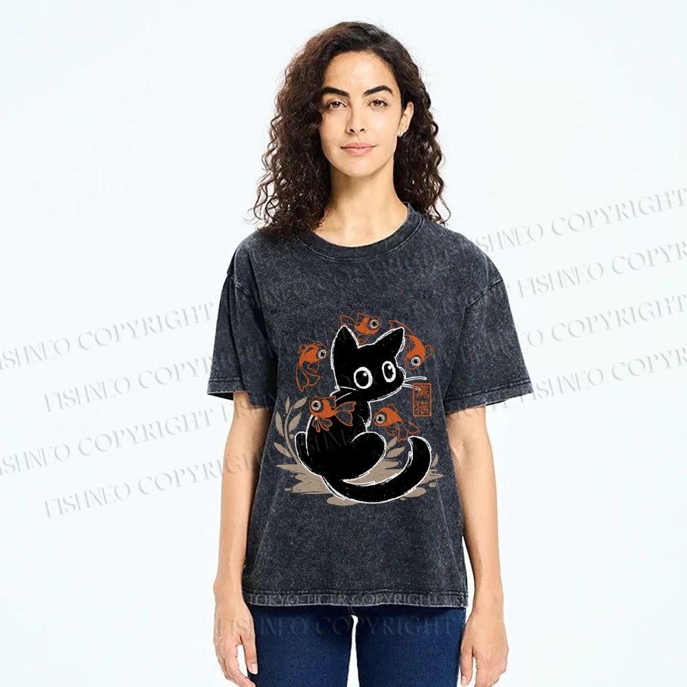 Unisex Curious Black Cat Among Fish Printed Washed Tee