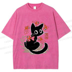Unisex Curious Black Cat Among Fish Printed Washed Tee