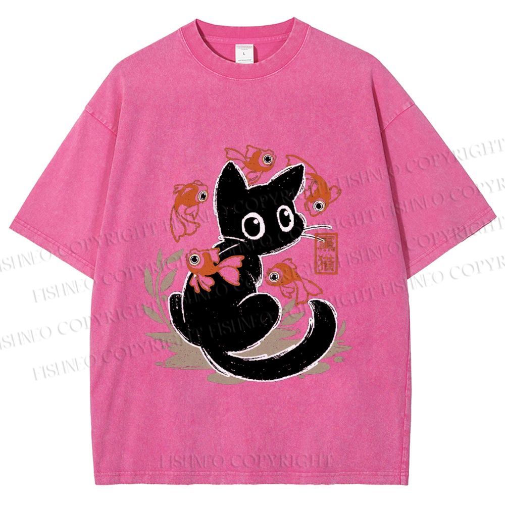 Unisex Curious Black Cat Among Fish Printed Washed Tee