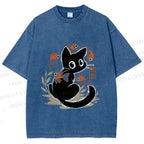 Unisex Curious Black Cat Among Fish Printed Washed Tee