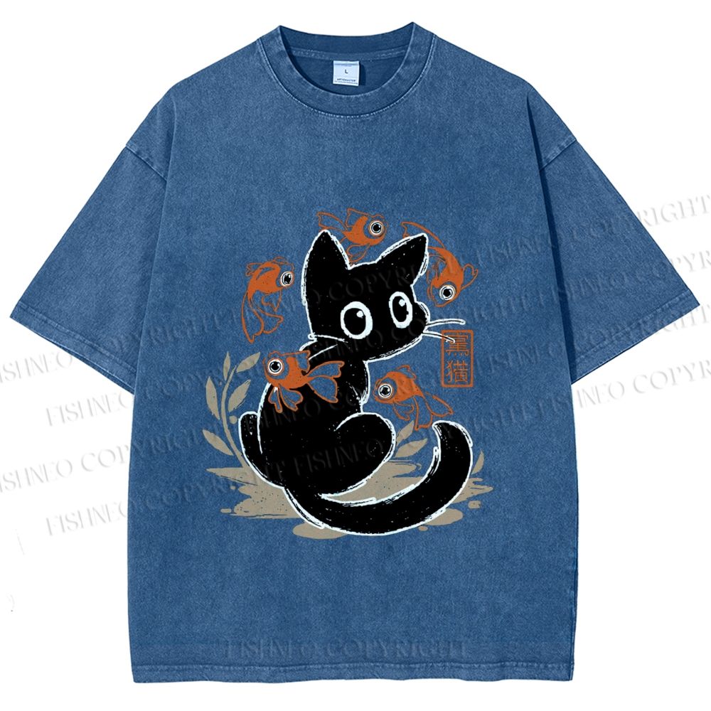 Unisex Curious Black Cat Among Fish Printed Washed Tee