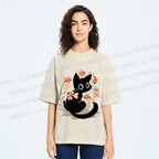 Unisex Curious Black Cat Among Fish Printed Washed Tee