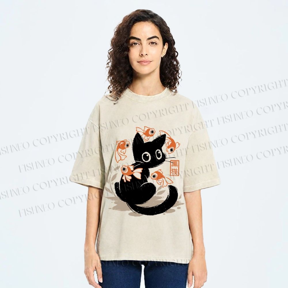 Unisex Curious Black Cat Among Fish Printed Washed Tee