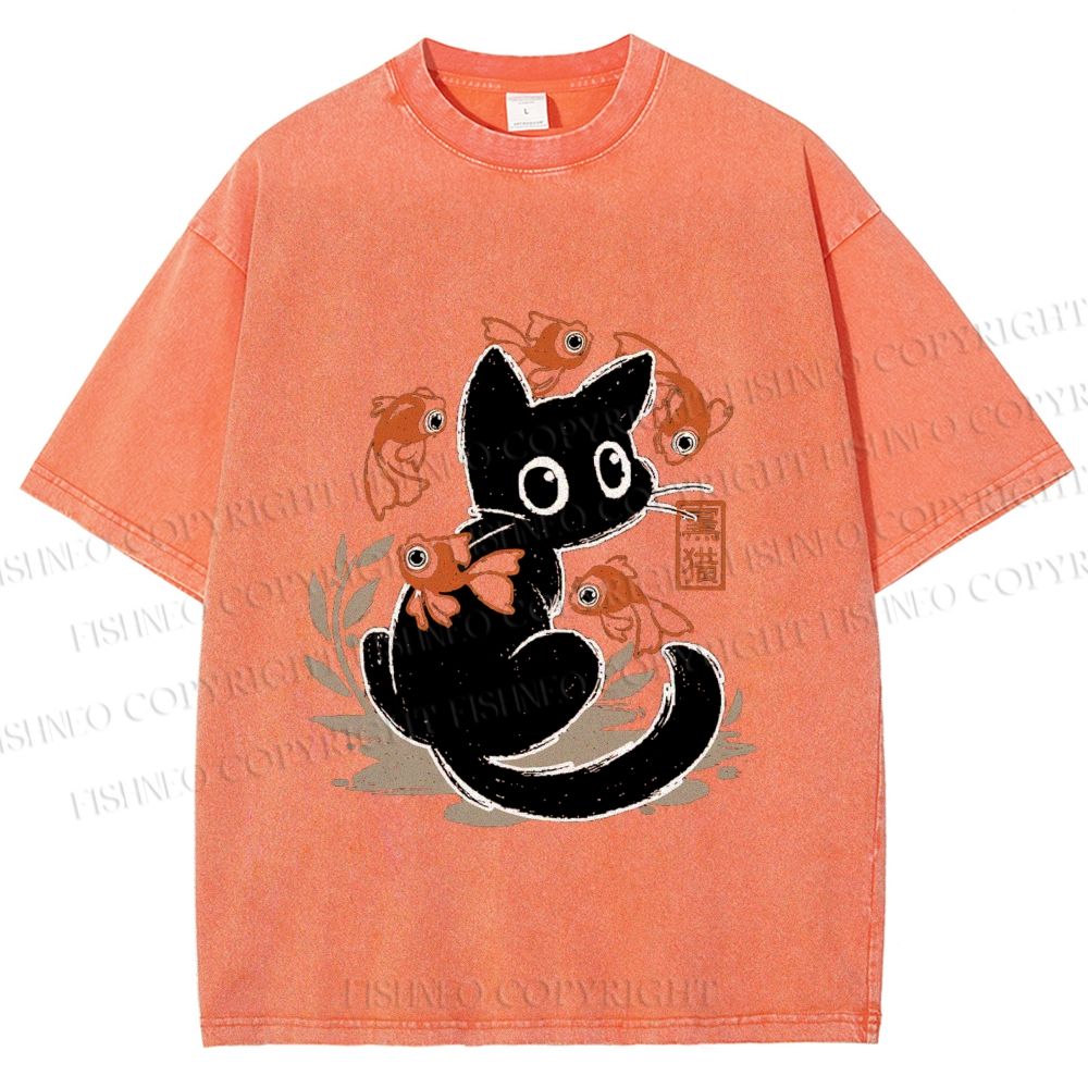 Unisex Curious Black Cat Among Fish Printed Washed Tee