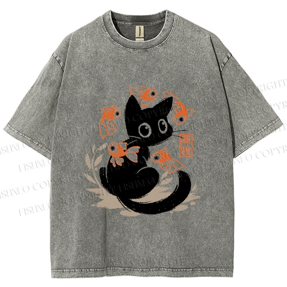 Unisex Curious Black Cat Among Fish Printed Washed Tee