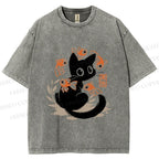 Unisex Curious Black Cat Among Fish Printed Washed Tee