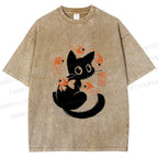 Unisex Curious Black Cat Among Fish Printed Washed Tee