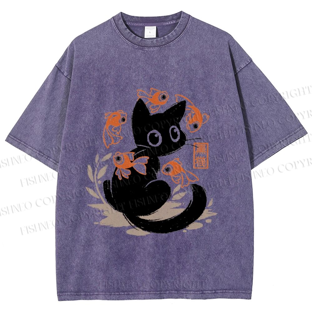 Unisex Curious Black Cat Among Fish Printed Washed Tee
