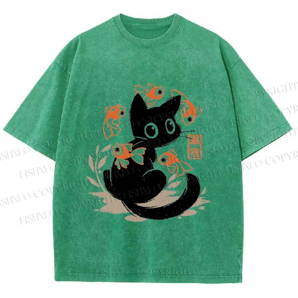 Unisex Curious Black Cat Among Fish Printed Washed Tee