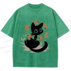 Unisex Curious Black Cat Among Fish Printed Washed Tee