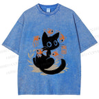Unisex Curious Black Cat Among Fish Printed Washed Tee