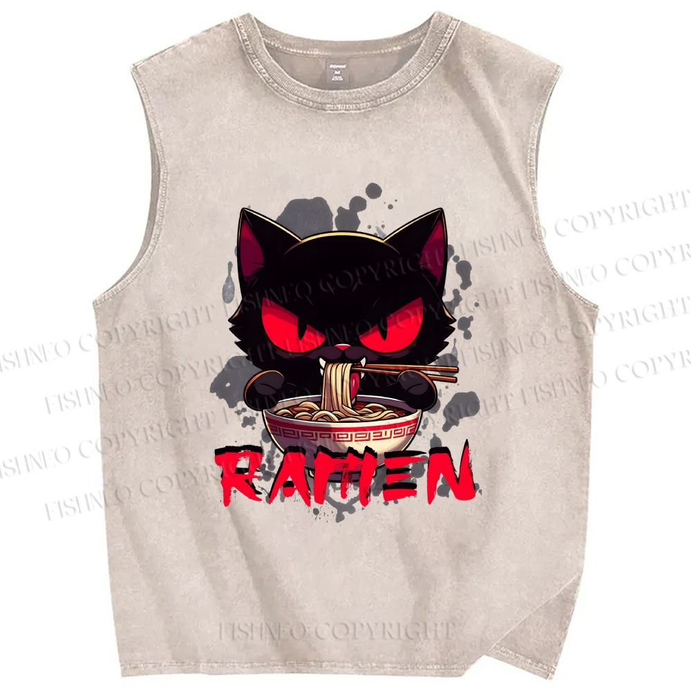 Unisex Ramen Black Cat Printed Washed Tank Top