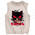 Unisex Ramen Black Cat Printed Washed Tank Top