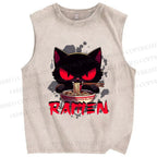 Unisex Ramen Black Cat Printed Washed Tank Top