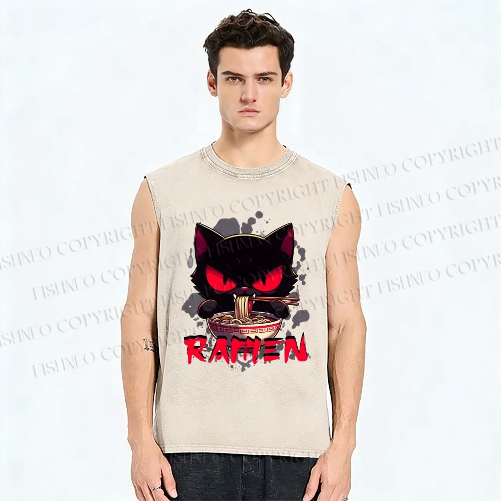 Unisex Ramen Black Cat Printed Washed Tank Top