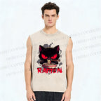 Unisex Ramen Black Cat Printed Washed Tank Top