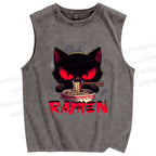 Unisex Ramen Black Cat Printed Washed Tank Top