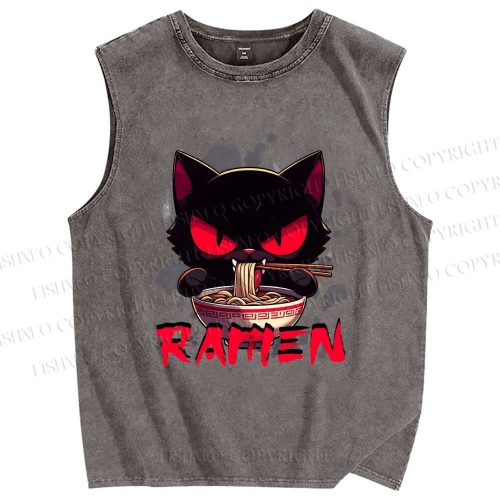 Unisex Ramen Black Cat Printed Washed Tank Top