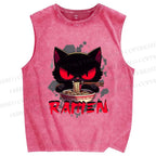 Unisex Ramen Black Cat Printed Washed Tank Top