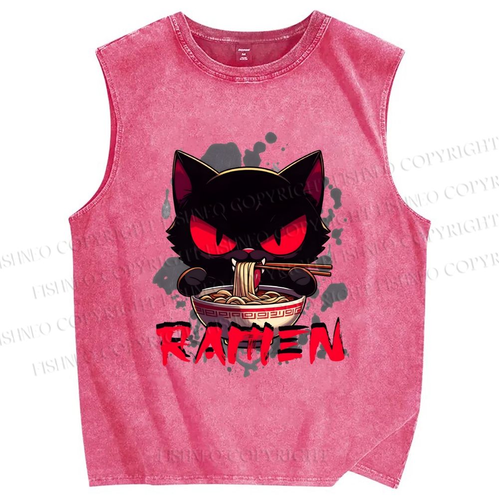 Unisex Ramen Black Cat Printed Washed Tank Top