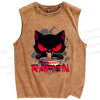 Unisex Ramen Black Cat Printed Washed Tank Top