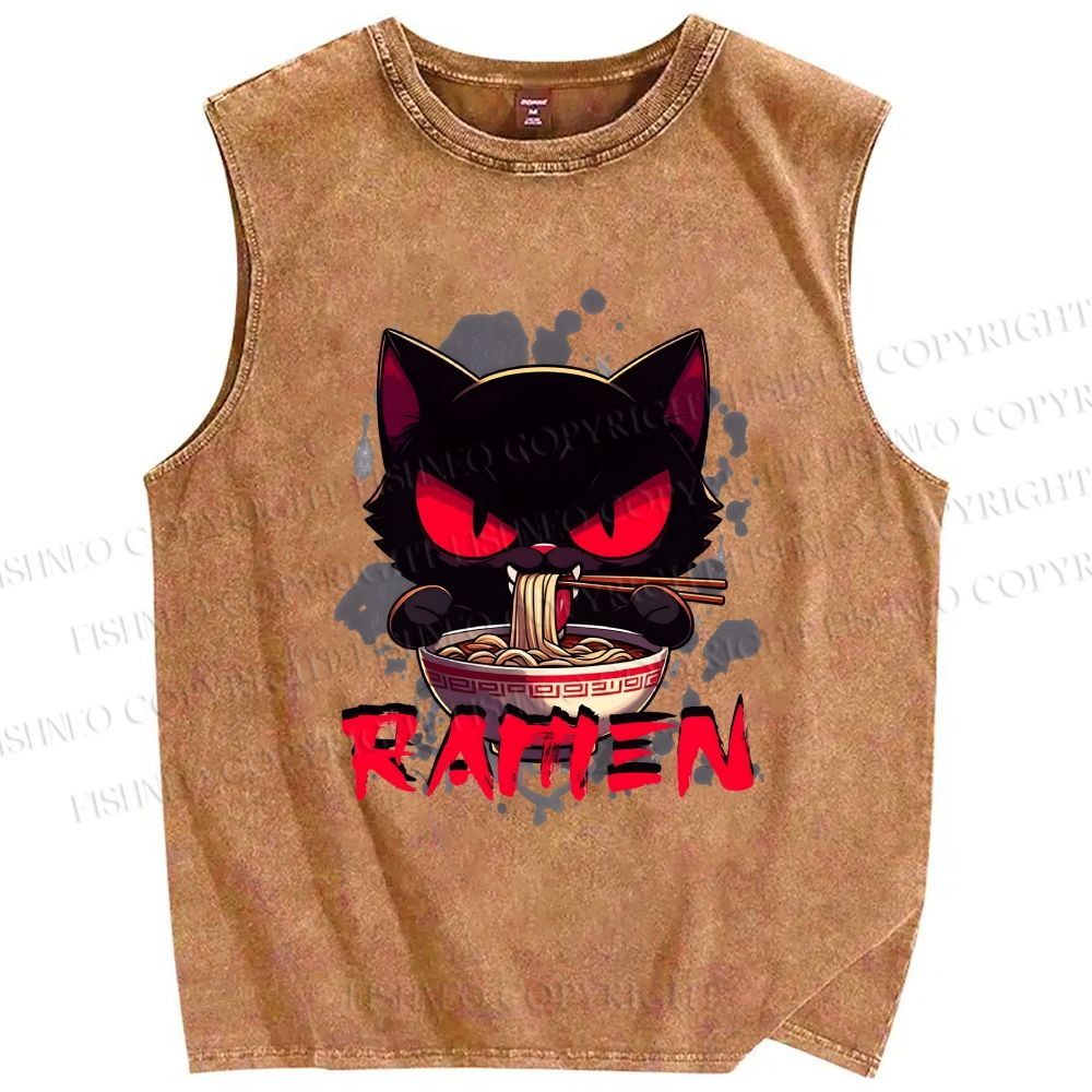 Unisex Ramen Black Cat Printed Washed Tank Top