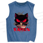 Unisex Ramen Black Cat Printed Washed Tank Top