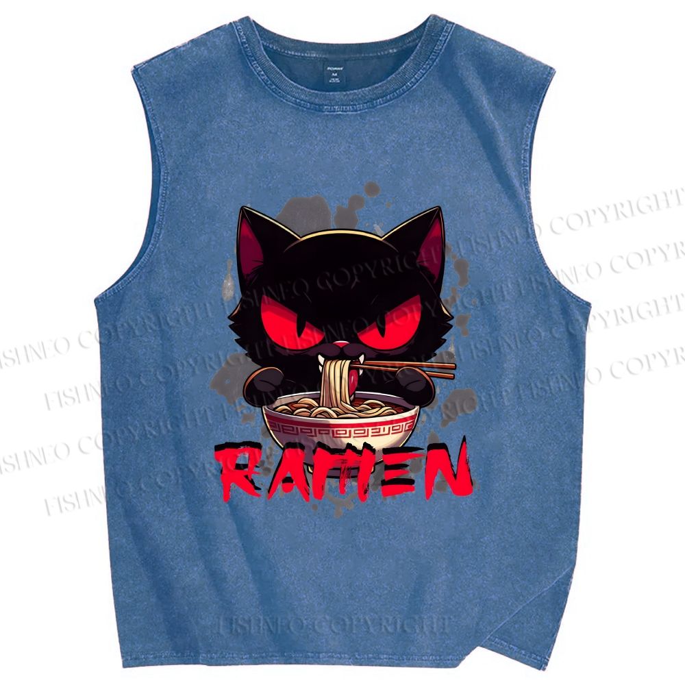 Unisex Ramen Black Cat Printed Washed Tank Top