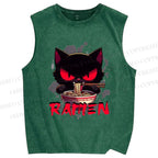 Unisex Ramen Black Cat Printed Washed Tank Top