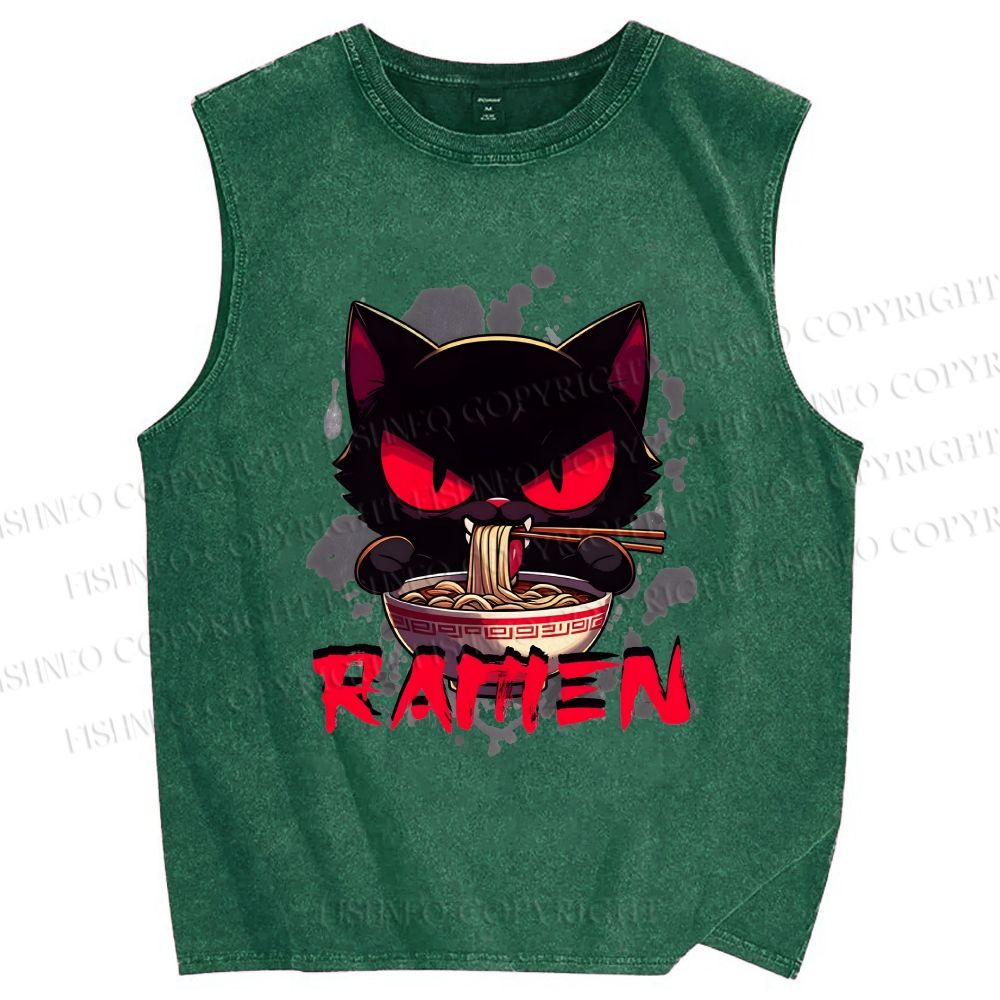 Unisex Ramen Black Cat Printed Washed Tank Top