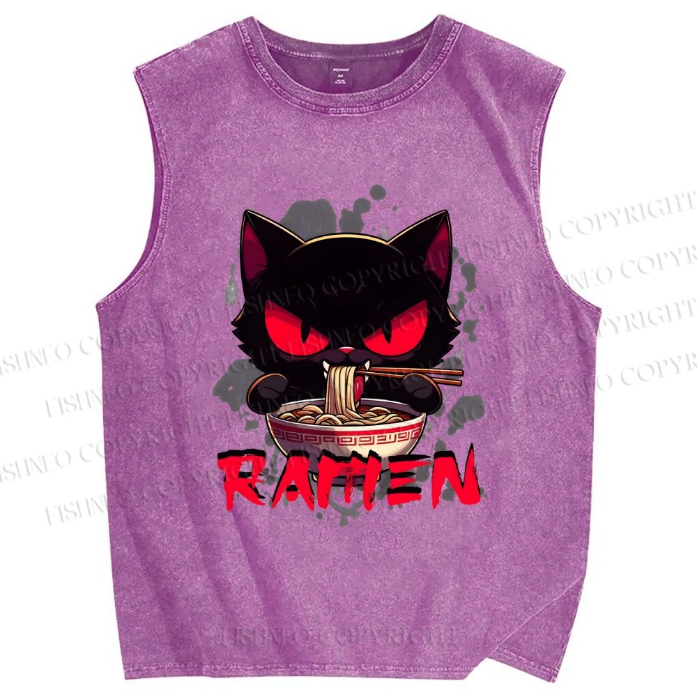 Unisex Ramen Black Cat Printed Washed Tank Top