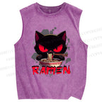Unisex Ramen Black Cat Printed Washed Tank Top