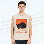 Unisex Japan Cat Printed Washed Tank Top