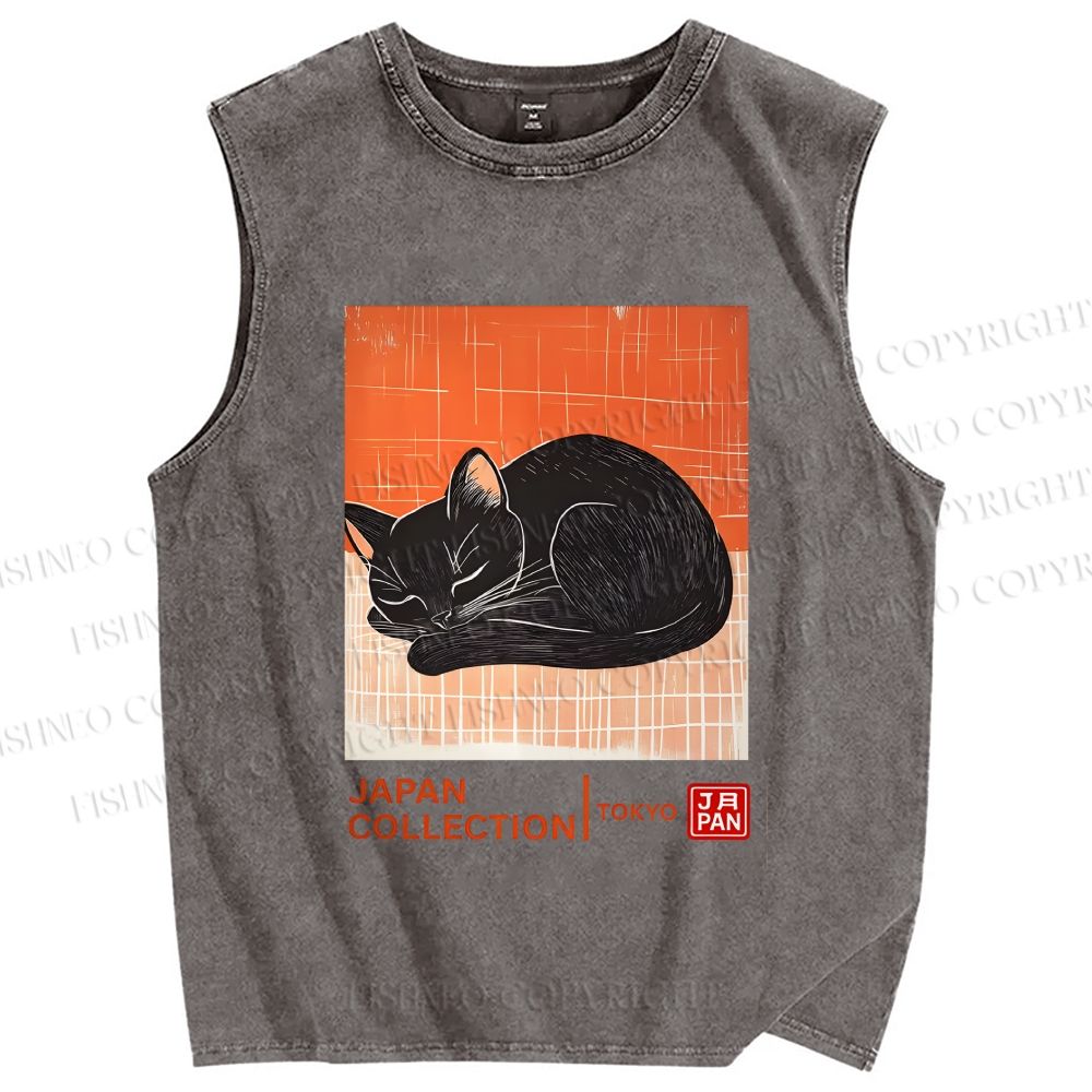 Unisex Japan Cat Printed Washed Tank Top
