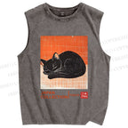 Unisex Japan Cat Printed Washed Tank Top