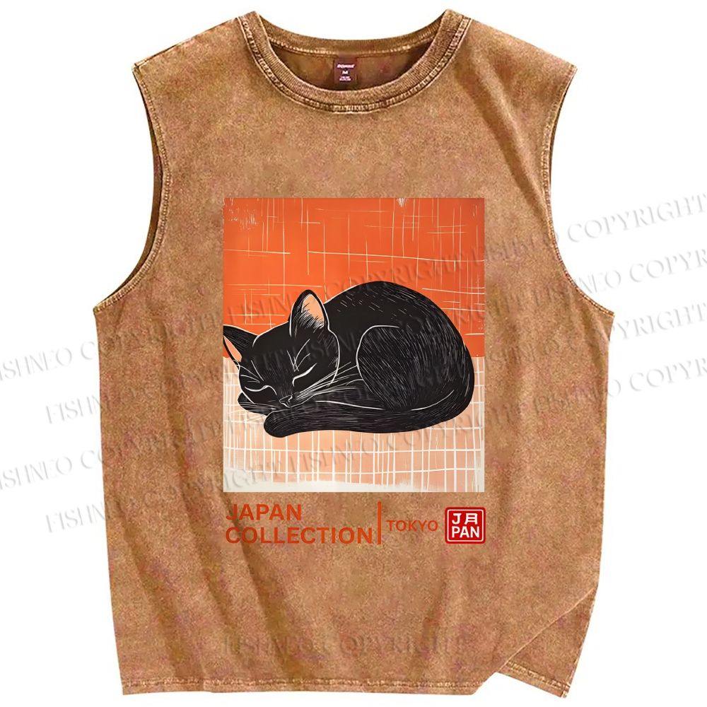 Unisex Japan Cat Printed Washed Tank Top
