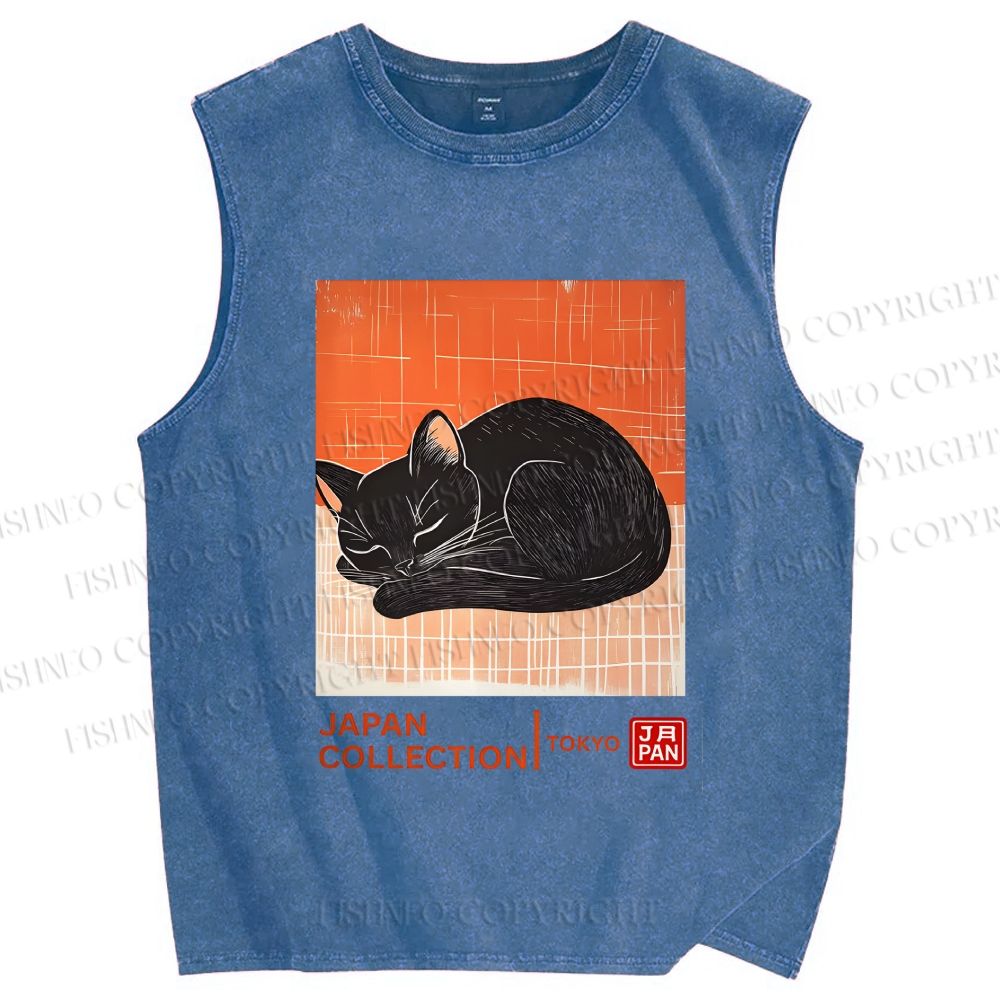 Unisex Japan Cat Printed Washed Tank Top