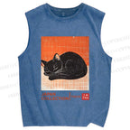 Unisex Japan Cat Printed Washed Tank Top