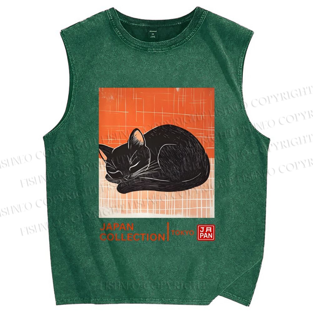 Unisex Japan Cat Printed Washed Tank Top